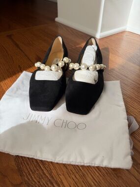 Jimmy Choo Ade Black Suede Pearl-Embellished Square-Toe Flats